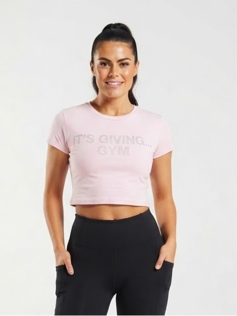 Gymshark Rhinestone Graphic Crop Top Size XS Yoga Athletic Girly Y2K Chic Barbie